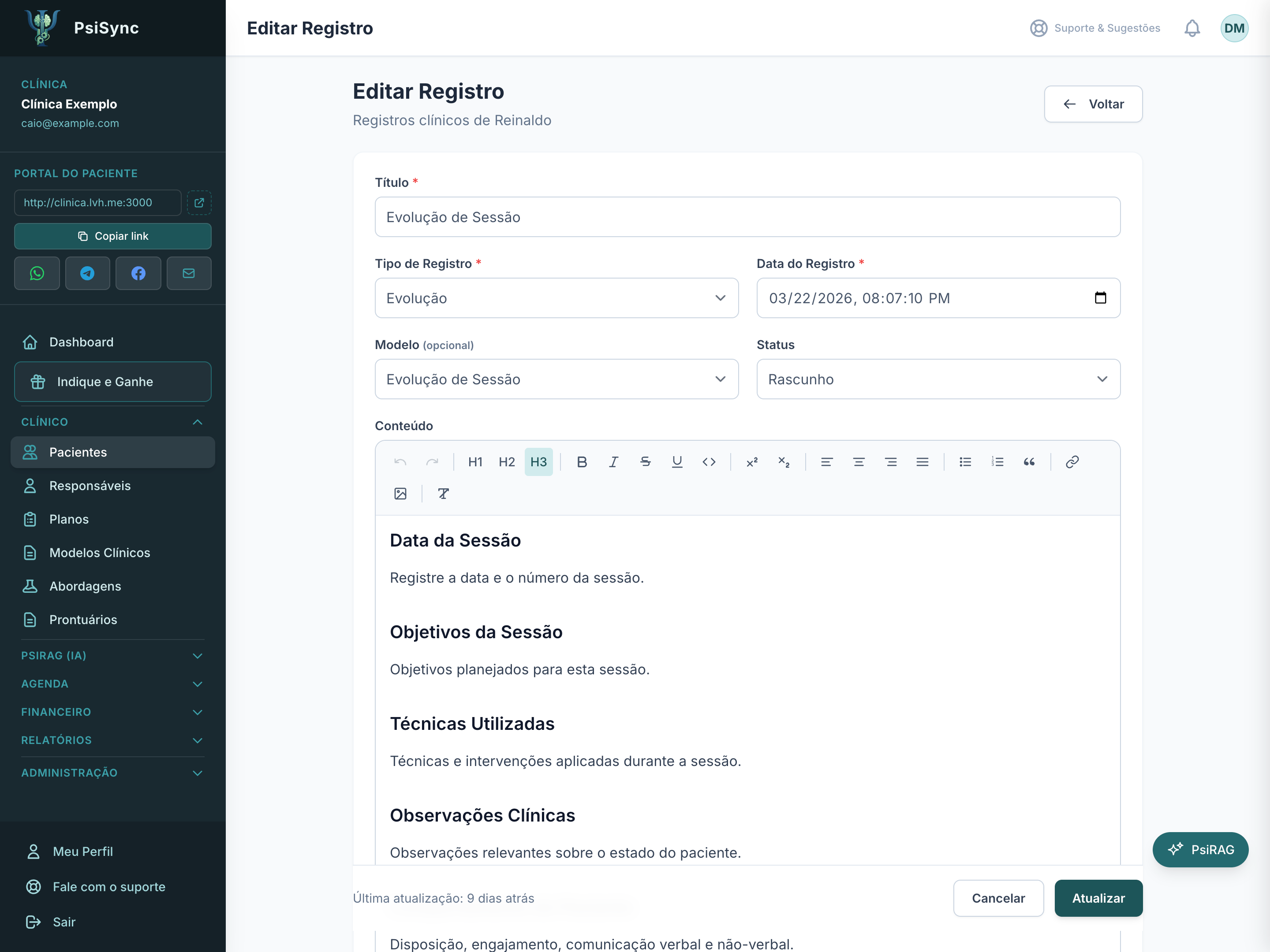 Editor rico do prontuário clínico com formatação completa e campos estruturados