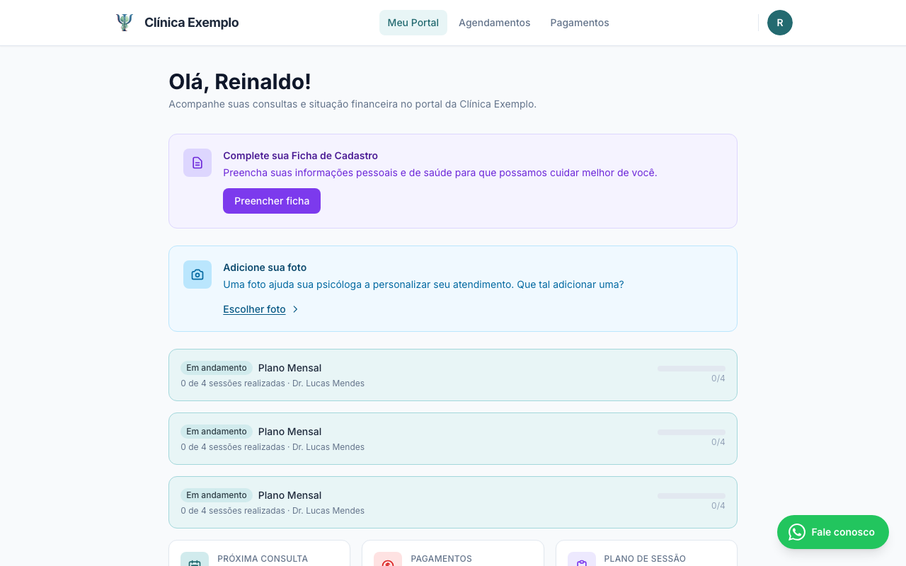 Área logada do portal do paciente PsiSync — versão desktop mostrando próximas sessões e histórico