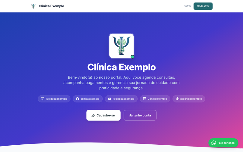 Página pública do portal do paciente PsiSync — versão desktop com foto do profissional, links e botão de agendamento