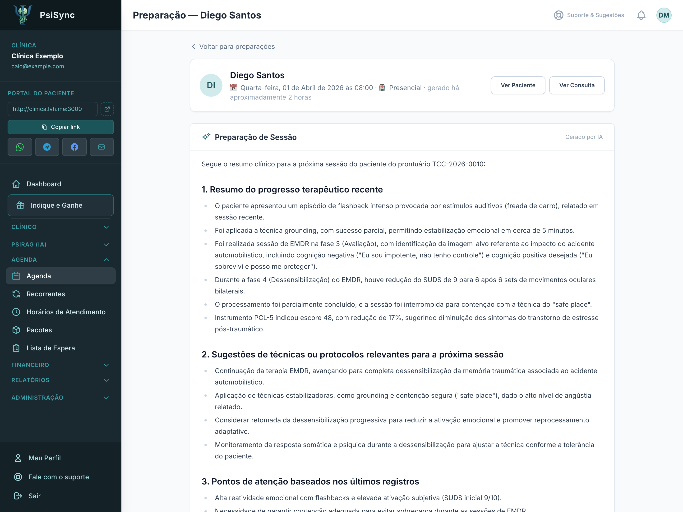 Preparação de sessão com IA — resumo automático do histórico clínico