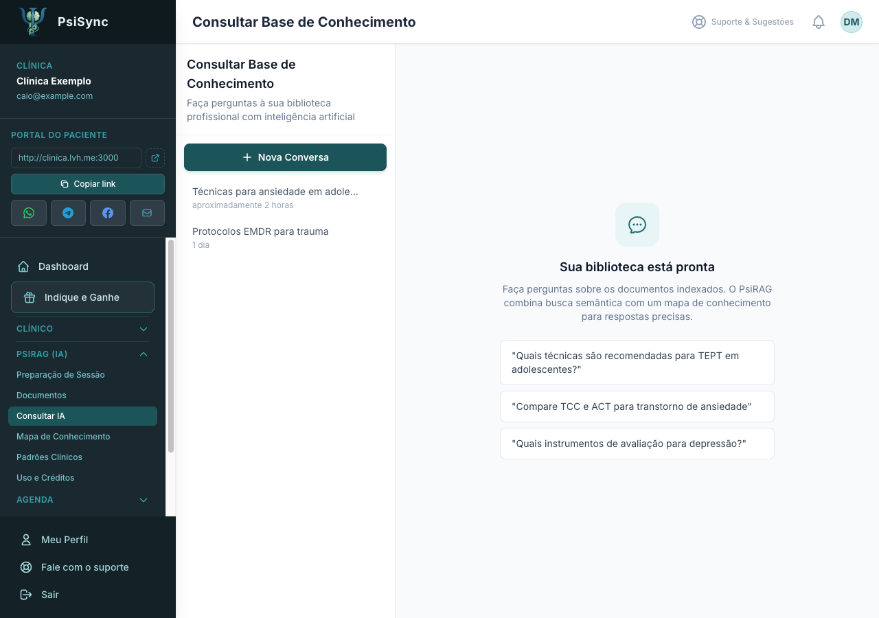 Lista de conversas do PsiRAG IA — histórico de consultas